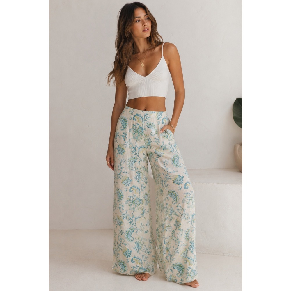 Rhythm‎ Wide Leg Pants 2 White Blue Floral Paisley Linen Blend Coastal Boho